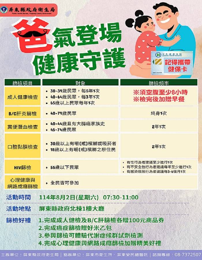 爸氣登場 屏縣衛生局呼籲父親節帶爸爸做癌症篩檢