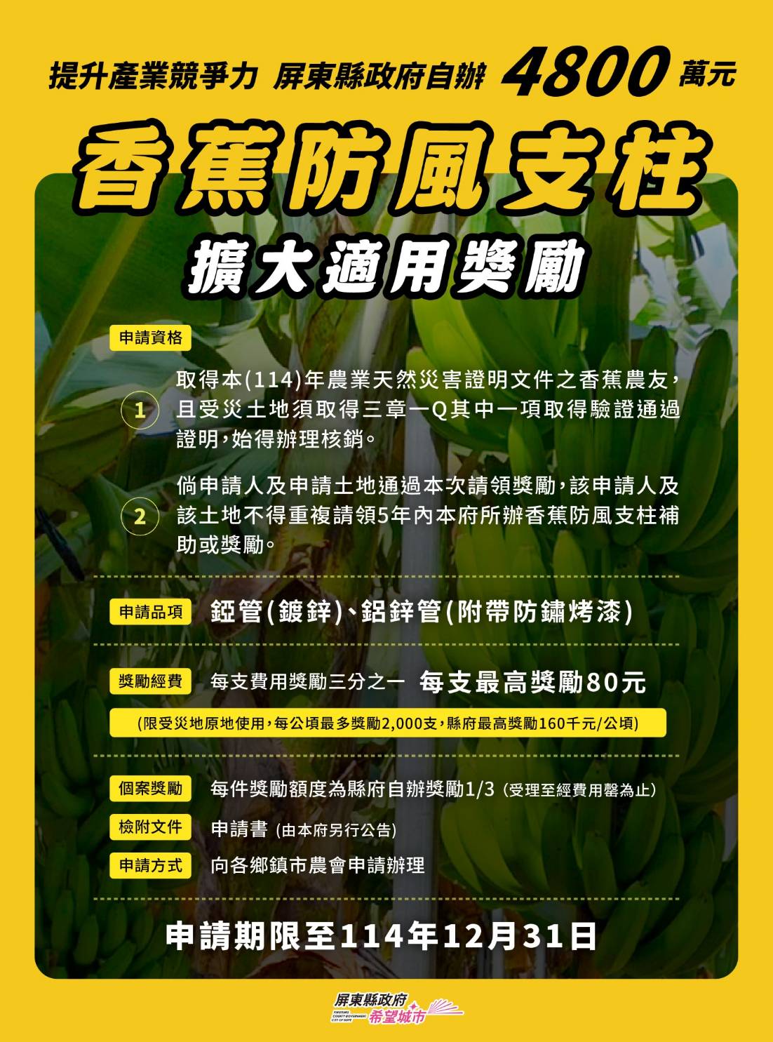 屏東縣政府推出香蕉防風支柱擴大適用獎勵 力挺蕉農發展韌性產業