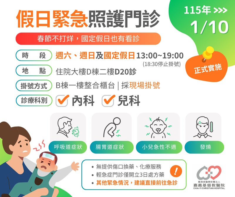 嘉基醫院開設假日緊急照護門診 春節不打烊 緊急照護中心不只在六都