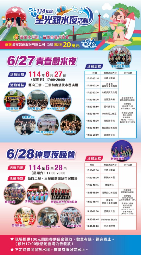 苗栗市民廣場戲水區6/27起開放 本週五六「星光親水夜」登場