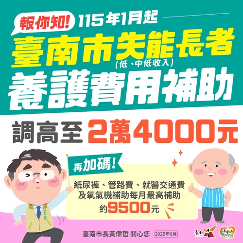 台南調升中低收失能養護費補助