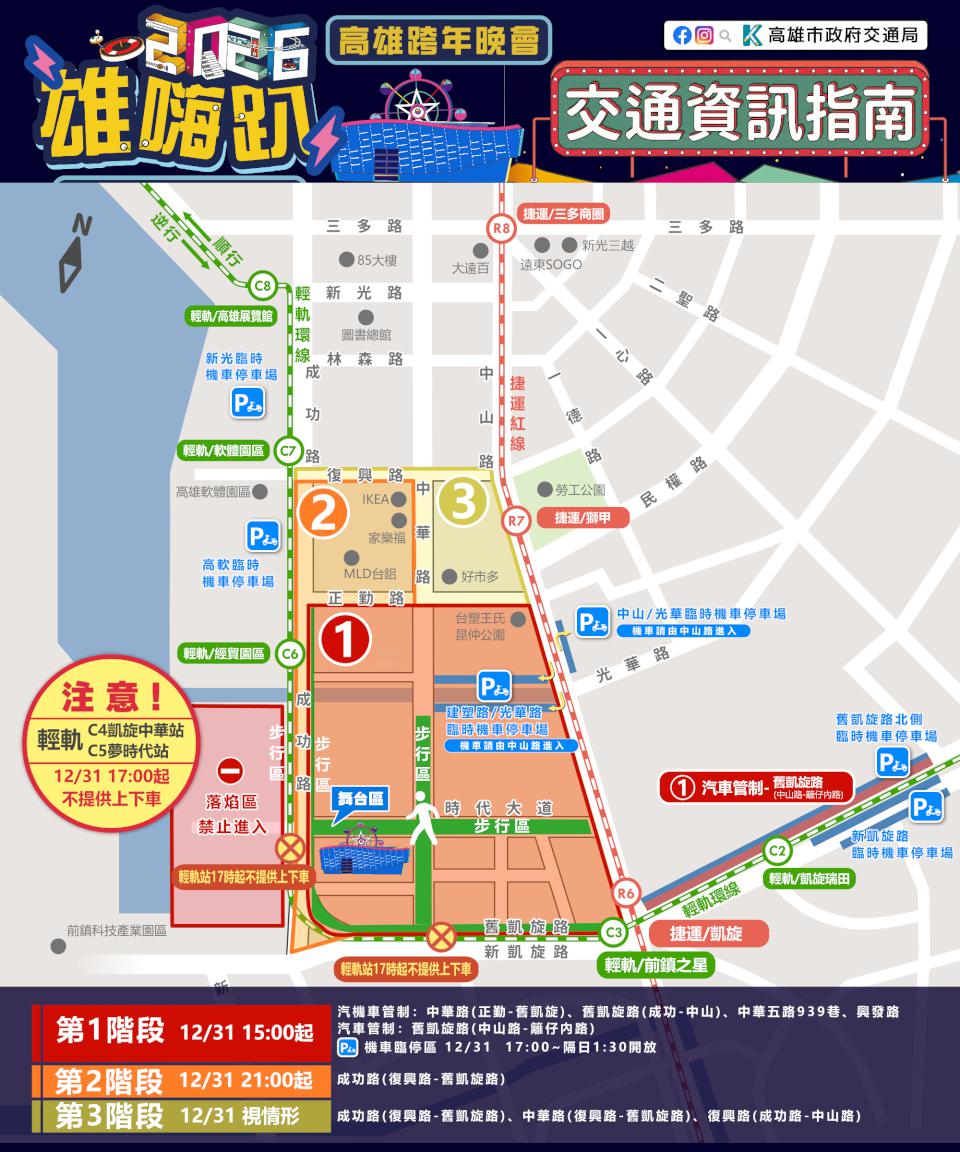 高市府2026雄嗨趴跨年晚會夢時代周邊三階段交管 捷運輕軌加密班距台鐵增班列車